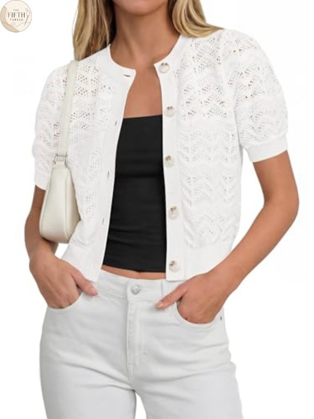 Crochet Cardigan Puff Sleeve Summer Sweater Lightweight Knit Button Up